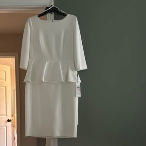 Calvin Klein White Sheath Dress with Peplum and Cuffed Sleeves
